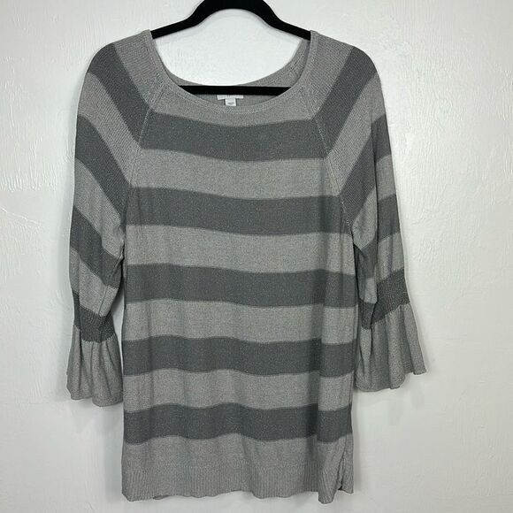 J. Jill Gray Zinc Smoke Metallic Colorblock Bell Sleeve Knit Sweater Size L - Picture 2 of 10